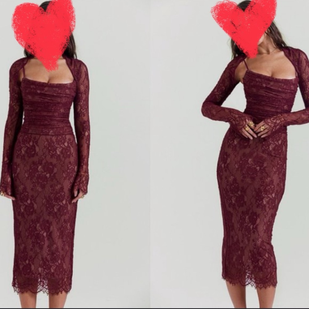 HOUSE OF CB 'Gaia' Claret Lace Midi Dress NWOT